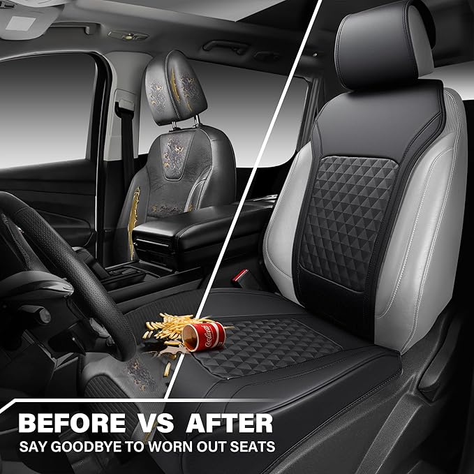 CAR PASS 2Pack Front Car Seat Covers Leather Memory Foam Water Proof Seat Protector Universal Fit for Cars SUVs Trucks Most Vehicles, 3D Foam Rhombus Sideless, Airbag Compatible Non-Slip, 2 Pcs Black