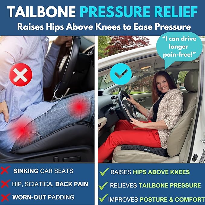 Car Seat Cushion, Extra Large Wedge Car Seat Cushion for Driving, Better Visibility, Pressure Relief Memory Foam for Sciatica & Tailbone Pain Relief, (Black Mesh)