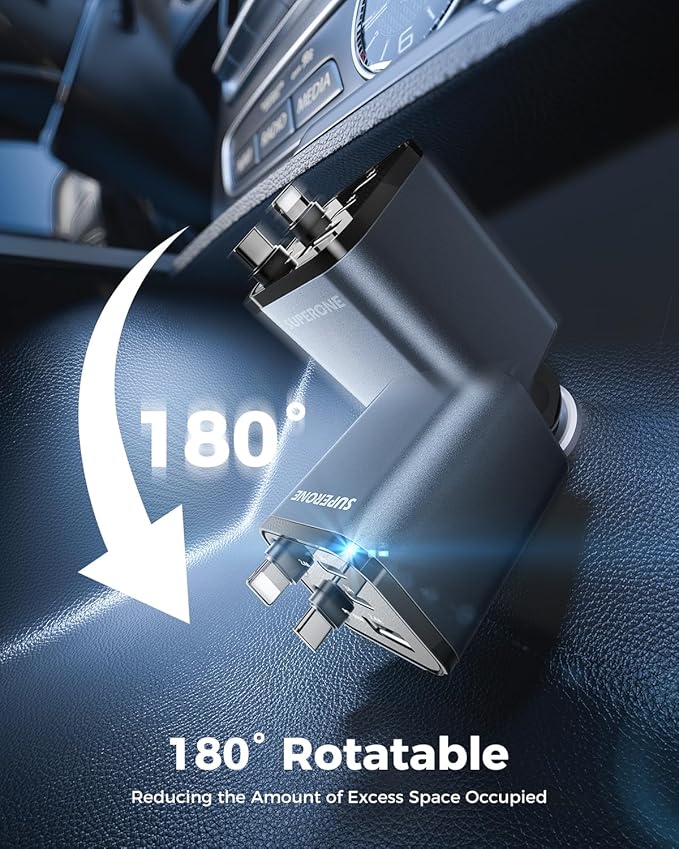 2026 Ultra-Compact SUPERONE Retractable Car Charger, 5 in 1 Car Phone Charger with USB C & Apple Cables, 84W Fast Charging USB C Car Accessories Adapter for iPhone 17/16/15/14/13, Galaxy, Pixel