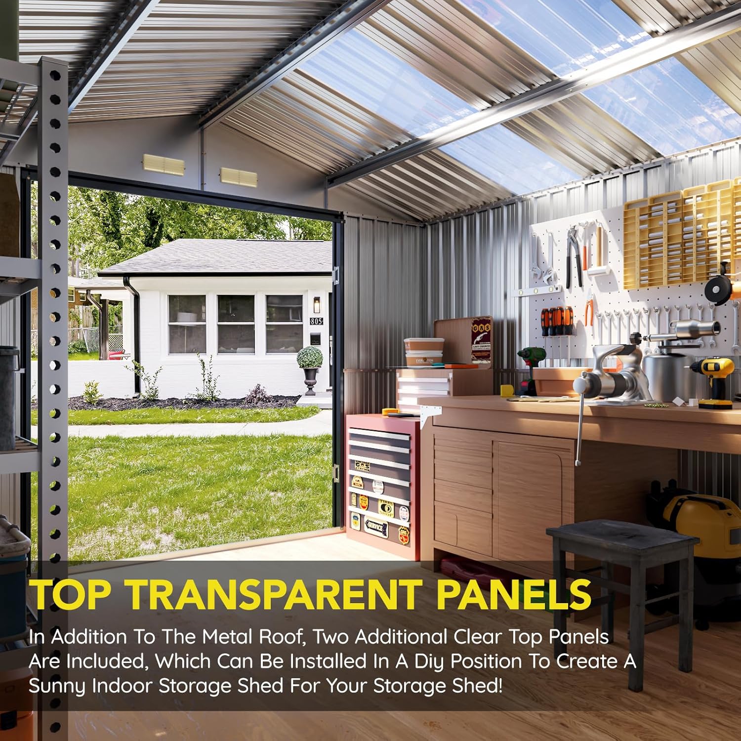 10x12 FT Outdoor Metal Storage Shed with Floor Frame, Double Swing Doors, 2 Clear Windows, Replaceable Skylight Roof Panel, Tool Shed for Garden, Patio, Backyard