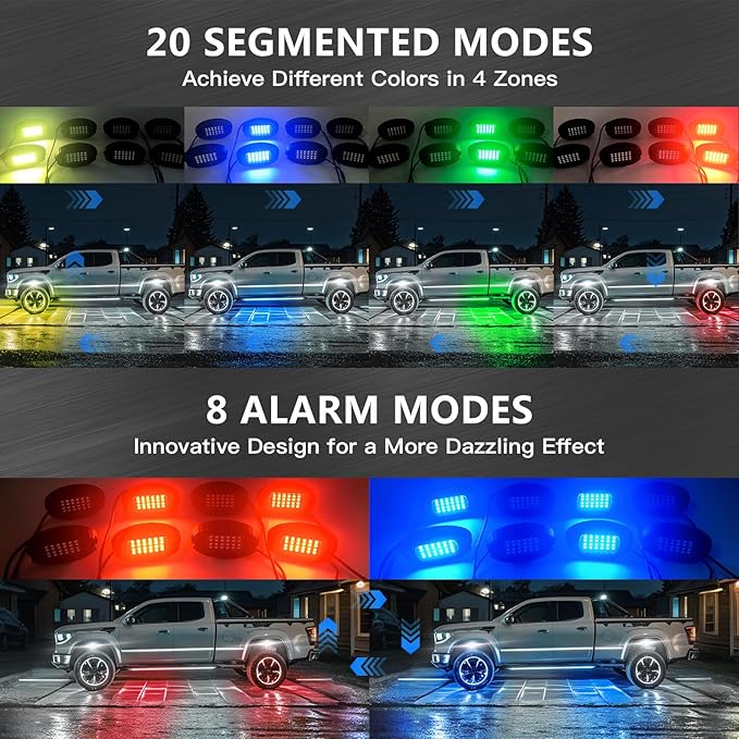 4 Pods Segmented Alloy RGB LED Rock Lights for ATV UTV Golf Cart SXS Trucks Offroad Car, Waterproof Impact Resistant Metal Underglow Kit with APP RF Control Sync Music Multicolor Neon Underbody Light