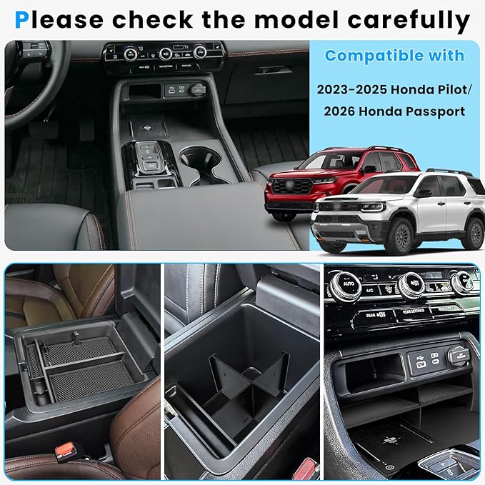 3PCS Center Console Organizer Compatible with 2023-2026 Honda Pilot/2026 Honda Passport Insert Divider Tray & Armrest Storage Box Divider Storage Tray Interior Accessories