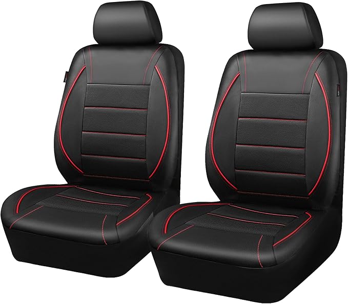CAR PASS Universal FIT Piping Leather Two Front Seat Covers, Waterproof Faux Leather for SUV Sedan Van Truck, Airbag Compatible,Reserved Opening Holes for Headrest Covers. (Black red)