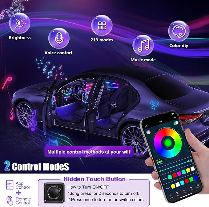 Dreamcolor Acrylic Interior Car LED Strip Light with Wireless APP, RGB 18 in 1 with 175 inches 600 LEDs Fiber Optic Car Ambient Lighting Kits, Music Sync Function Neon LED Strip for Car Accessories