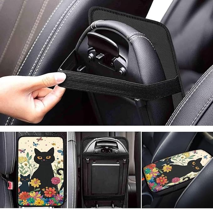 Dreaweet Car Armrest Cover Cute Black Cat Floral Car Accessories for Women Car Center Console Pad Universal Fit Armrest Cover Protector for Cars,SUV,Trucks