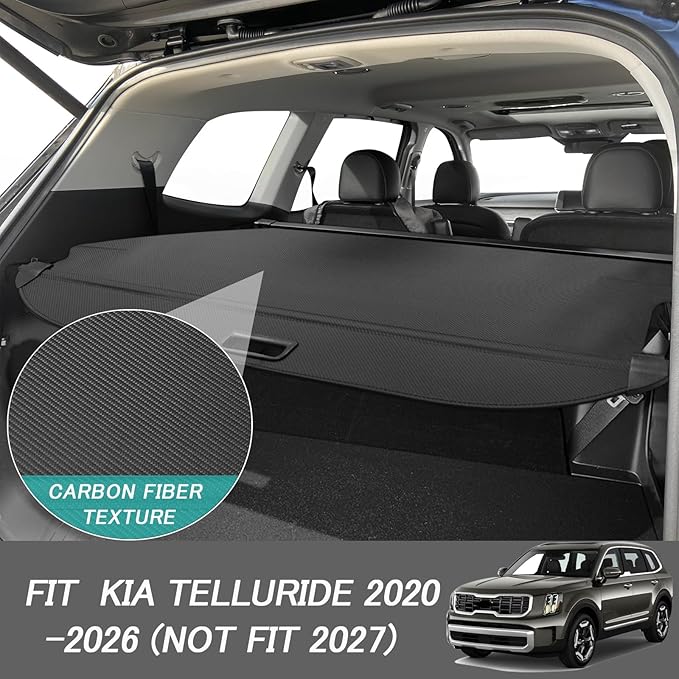 Cargo Cover for Kia Telluride 2026-2020 (NOT FIT 2027) Accessories Retractable Trunk Cover Security Shielding Shade Cargo Luggage Cover Trunk Privacy Protection (Carbon Fiber Texture)