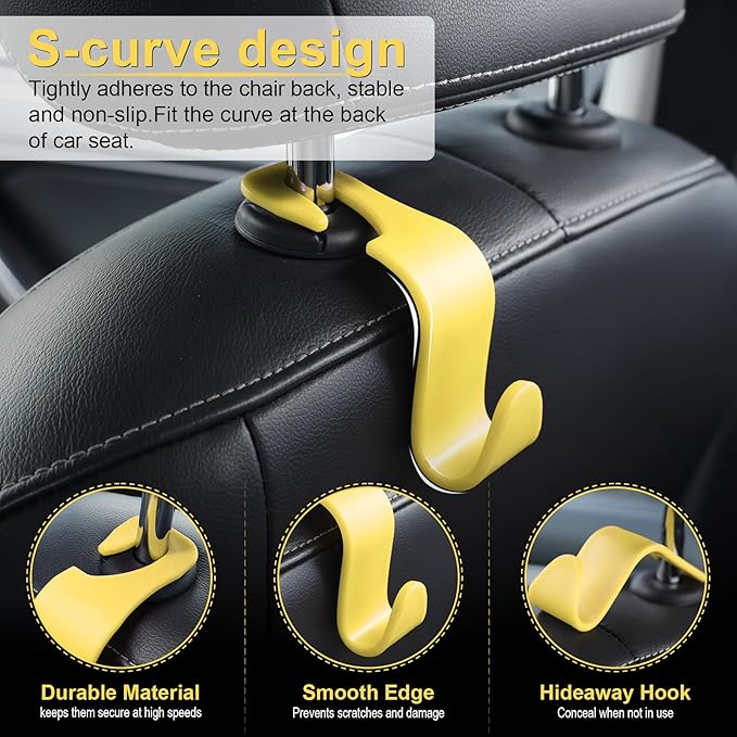 LivTee Car Seat Headrest Hook, Car Headrest Hidden Hook, 4 Pack Universal Auto Car Back Seat Hook Organizer for Purse Coat, Car Interior Accessories (Yellow)