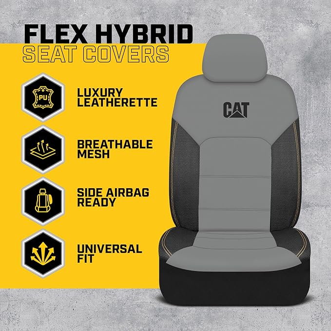 Cat FlexHybrid Car Seat Covers, Gray Premium Faux Leather + Mesh Seat Covers for Cars Trucks SUV, Universal Fit Car Seat Covers Front Seats Only, Automotive Interior Covers, Ideal Truck Seat Covers