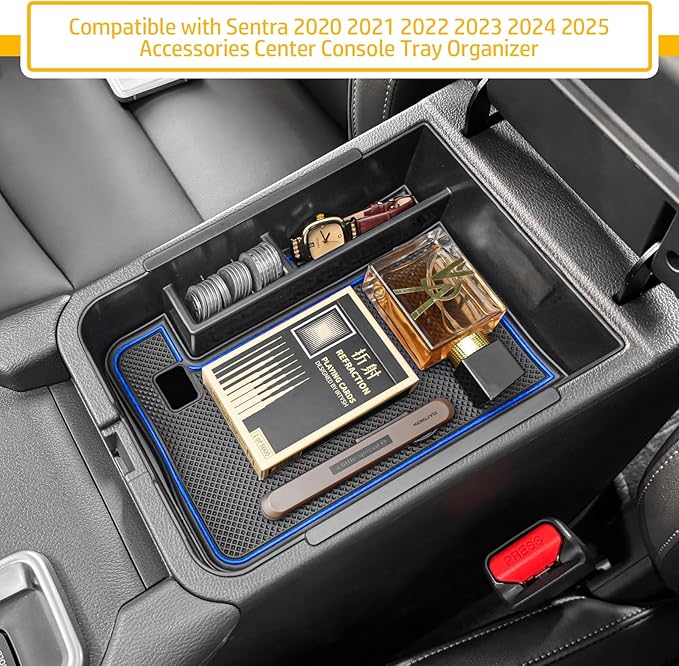 Center Console Organizer Tray Compatible with Nissan Sentra 2020 2021 2022 2023 2024 2025 Accessories, Middle Console Organizer for 2020-2025 Sentra Armrest Storage Box Coin Holder, blue trim