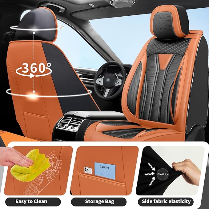 Fit Kona Car Seat Covers for Select Hyundai Kona 2018-2025 2026. Premium Leather, Waterproof， Breathable, Scratch-Resistant & All-Weather Seat Cushion Protector (Full Set, Orange&Black)