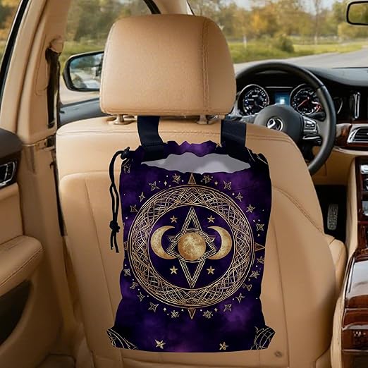 Moon and Star Car Trash Bag,Purple Crescent Moon Hanging Drawstring Car Garbage Bag,Canvas Car Back Seat Organizer with Adjustable Buckle for Men and Women