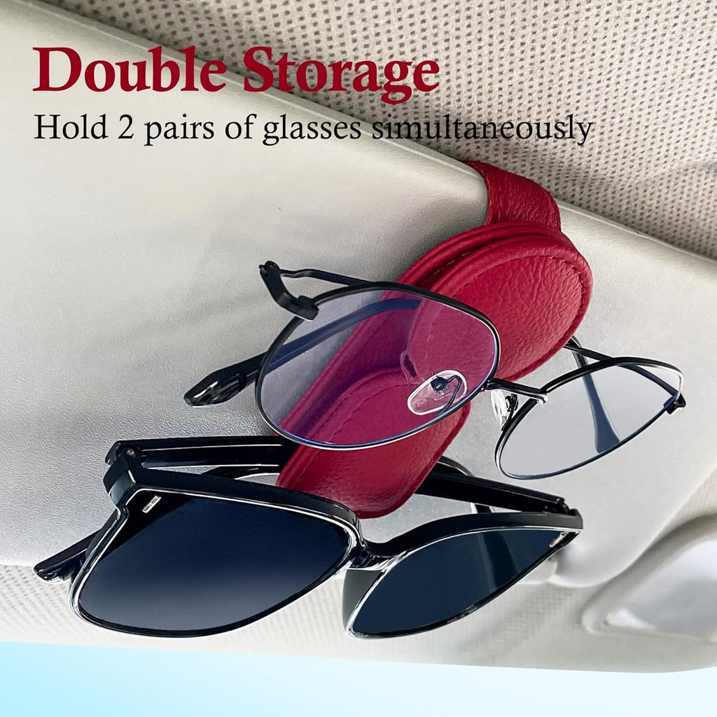 KIWEN Sunglasses Holder for Car Visor, Magnetic Leather Sunglass Eyeglass Hanger Clip for Car Sun Visor Accessories (1, Red)