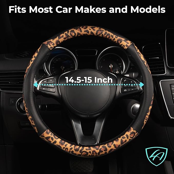 Lord Autofashion Steering Wheel Cover – PU Leather, Non-Slip Rubber Inner, All-Season Comfort – 14.5–15 Inch (Black/Leopard 8684)