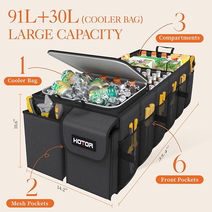 HOTOR Trunk Organizer for Car & SUV, Sturdy Car Organizer with Removable Cooler, Large Foldable Trunk Organizer with Cooler, 3 Compartments, Adjustable Straps, Black, 35.43”×14.17“×10.63”