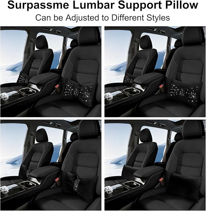 surpassme Rhinestone Lumbar Support Pillow for Car, Bling Back Support Pillow/Cushion Car Accessories for Women(Black)