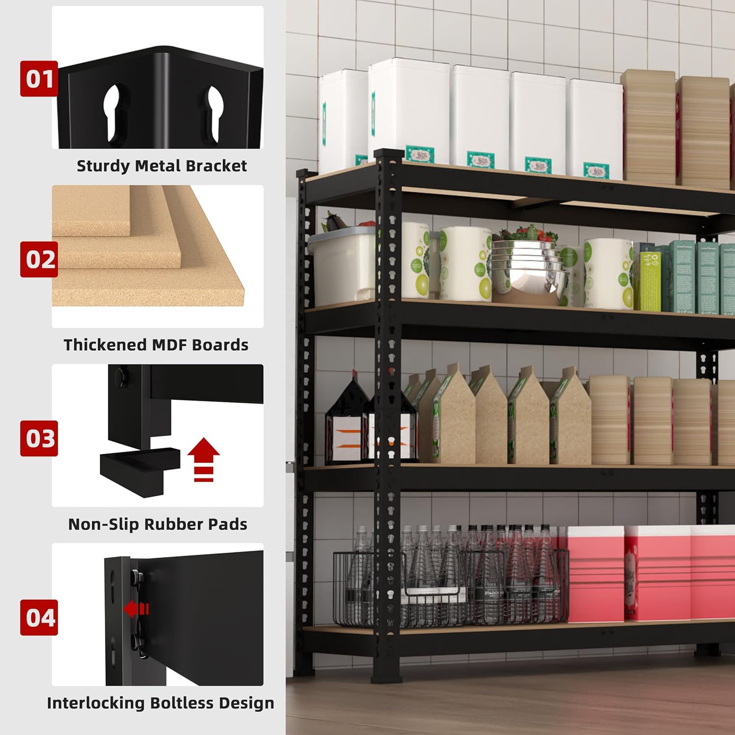 4 Packs 36" W x 16" D x 55" H Adjustable Garage Storage Shelves - 4-Shelf Heavy Duty Shelving Unit, Metal Utility Storage Organizer Racks for Warehouse Pantry Closet Kitchen, Black