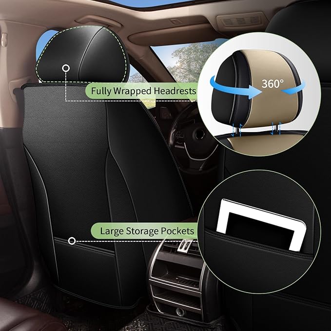 Car Seat Covers Front Seats for Nissan Murano 2011-2025 2026 - Breathable Cooling Ice Silk Leather Seat Cover - 2 Seats Vehicle Seat Cushion Protector Auto Accessories (Black&Beige)