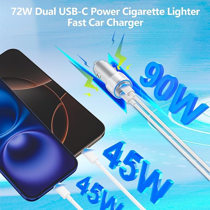 [Apple MFi Certified] iPhone 17 Car Charger Fast Charging, Linocell 90W Dual PD Power Cigarette Lighter USB-C Car Charger with 2Pack Type-C Cord for iPhone 17/17 Pro Max/16 Pro/15/Galaxy S26/S25/Pixel