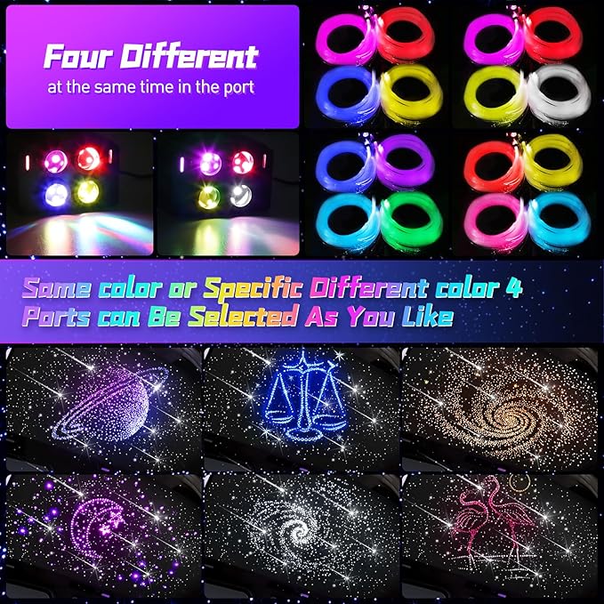 Car Starlight Headliner Kit, 4 Colors 32W Twinkle & Meteor Fiber Optic Ceiling Lights, 2 in 1 Light Engine 800pcs*0.03in*13.1ft+240 RGBW Shooting Stars Lights for Car Roof Décor