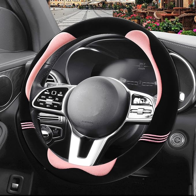 Furry Cute Steering Wheel Cover, Soft Fluffy Short Plush Auto Accessories, Non-Slip Cold-Proof Sweat-Proof Colorfast, Universal 15 inch(Black with Pink)