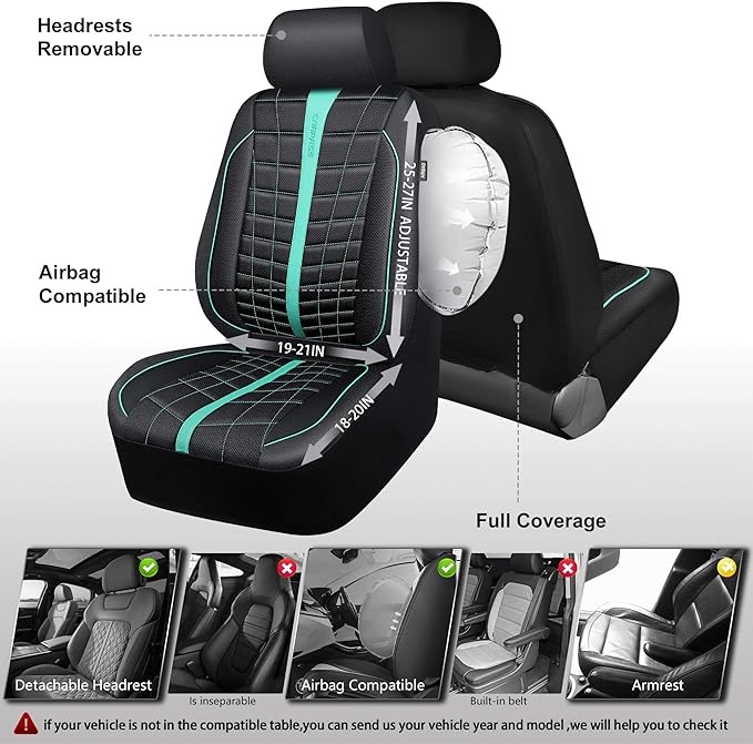 CAR PASS 3D Air Mesh Seat Covers for Car, Leather Car Seat Cover Front Seats, Breathable Foam Premium Leather Mesh Front Seat Covers Universal Fit for Cars Sedans Trucks Vans SUVs, Black Mint