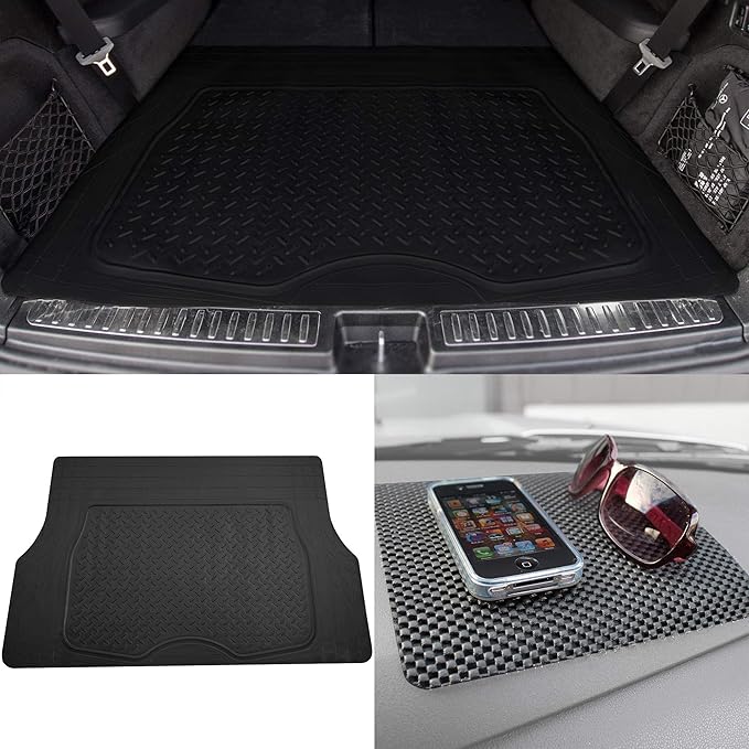TLH Premium Trimmable Black Cargo Mat Car Trunk Liner Universal Fit Set w/Black Dash Pad, Trimmable Automotive Floor Mats, Climaproof™ Floor Mats for Most Sedan, Cars, SUV, Truck Floor Mats.