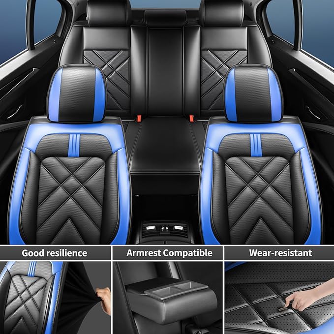 Car Seat Covers Fit for Mazda 3 2007-2026, Premium Leather, Full Coverage Leather Waterproof Breathable Seat Covers, Automotive Seat Protectors, Airbag Compatible(Full Set Seats, Black-Blue)