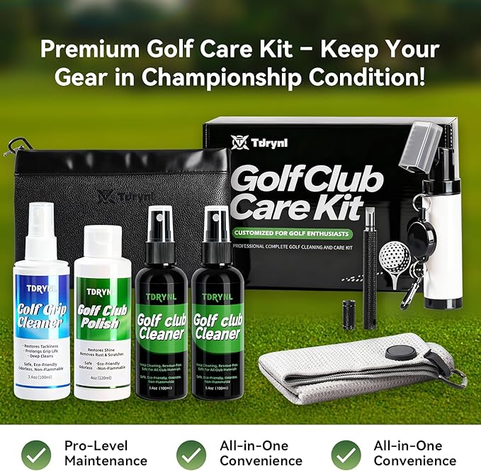 Pro Golf Club Care Kit – Cleaner, Polish, Brush, Groove Sharpener, Grip Cleaner, Magnetic Towel & Leather Bag – Restores Clubs, Removes Rust & Scratches, Renews Tackiness – Golf Gifts for Golfers