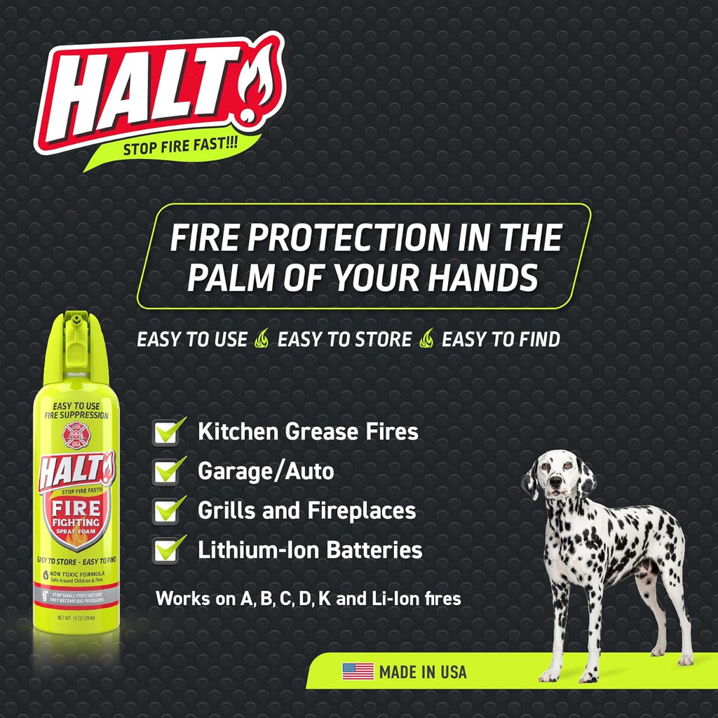 HALT! Fire Fighting Foam Spray – Non-Toxic, PFAS Free, Easy to Use, Store, and Find in Emergency – Compact & Portable – Ideal for Home, Kitchen, Apartment, Car, BBQ, Tailgate – Made in USA (2-Pack)