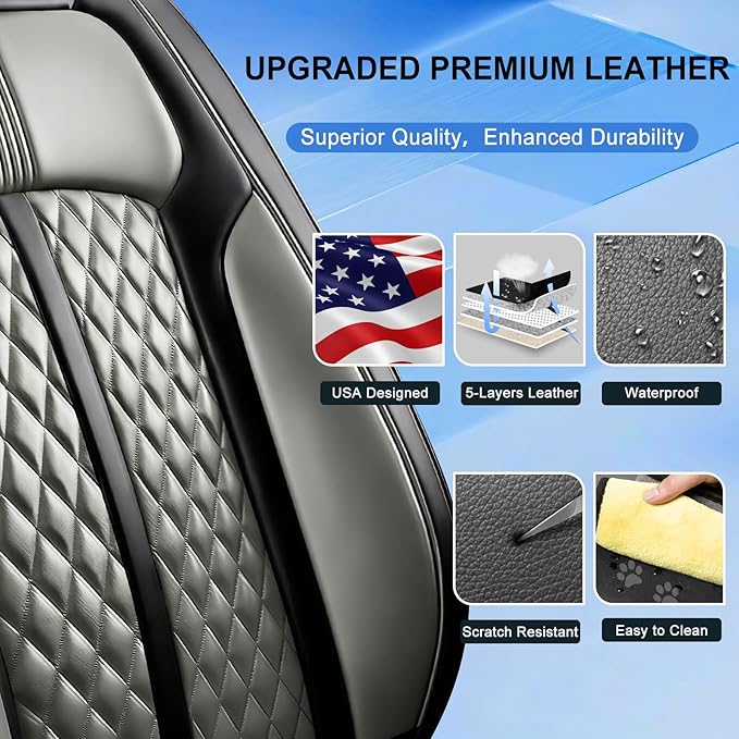 Fit Blazer Car Seat Covers for Select Chevrolet/Chevy Blazer 2019-2026, Premium Full Coverage Leather, Airbag Compatible, Waterproof All Weather Seat Cushion Protector, Front Pair Black+Gray