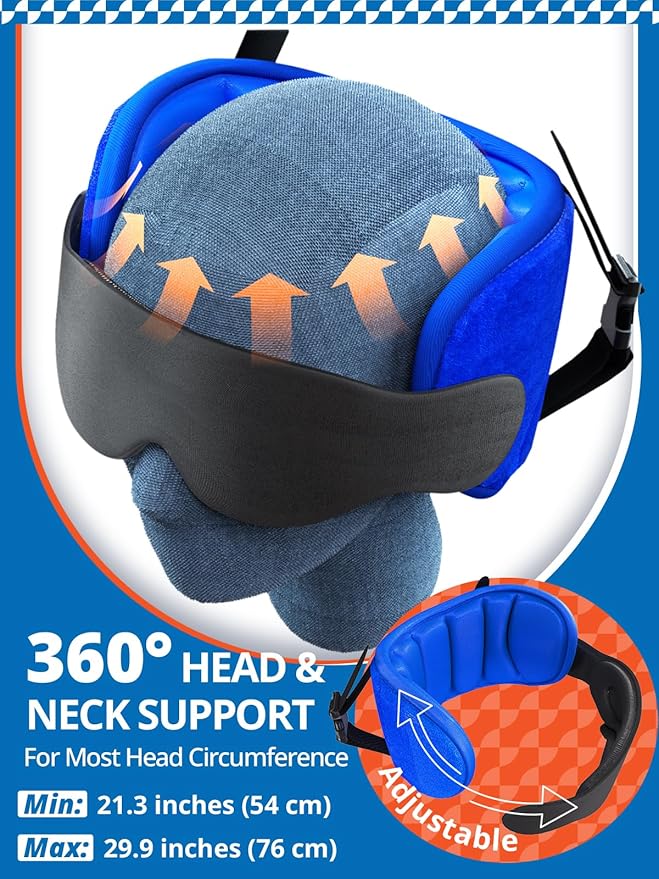 Travel Pillows for Airplanes, Airplane Pillow with Brown-Red Sleep Eye Mask, 360° Neck Support Headrest, Portable Airplane Travel Essentials, Adjustable Airplane Head Strap, Stop Bobblehead