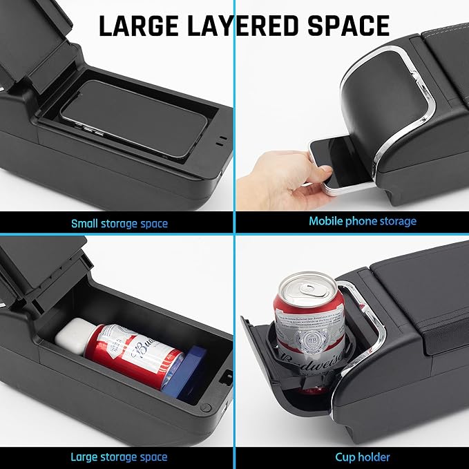 YJYWZH Armrest Box for Nissan Versa 2007-2011 Center Storage Box Hand Interior Centre Consoles with Cup Holder Arm Rest Double-Layer Accessories Black (4 USB Black with Black Thread)