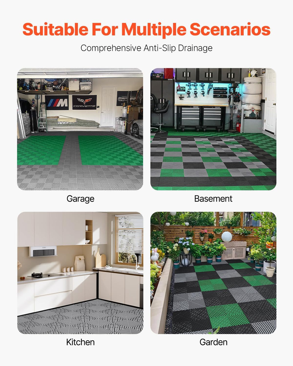 VEVOR Interlocking Drainage Mat, 12” x 12” Modular Interlocking Cushion, 24 Pcs Splicing Drainage Mats, Non-Slip Gray PP Drainage Floor Tile and Shower Mat, for Garage, Garden, Kitchen & Outdoor