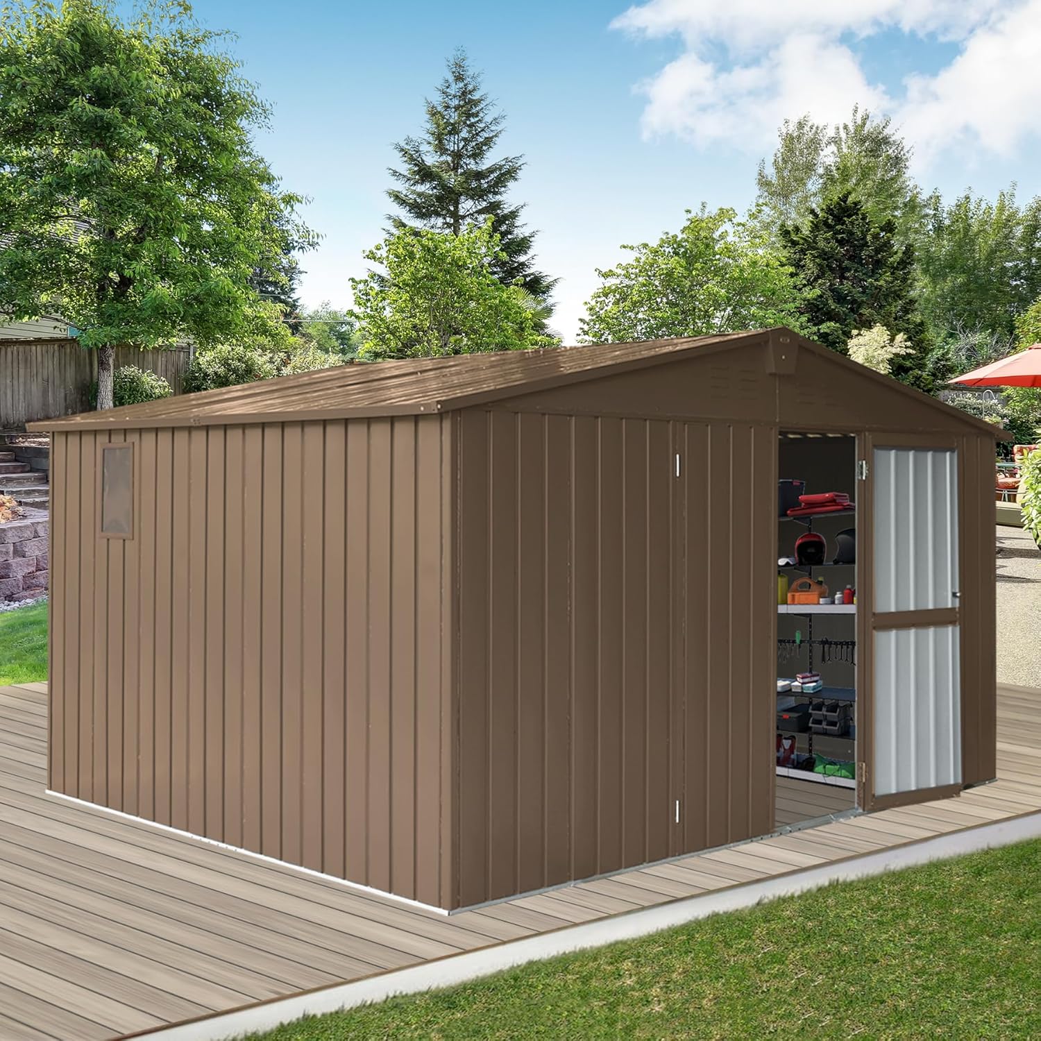 IKERY Large Galvanized Steel Storage Shed - 11' x 9' with Windows and Lockable Door, Outdoor Garden and Utility Tool Shed for Backyard and Patio, Brown
