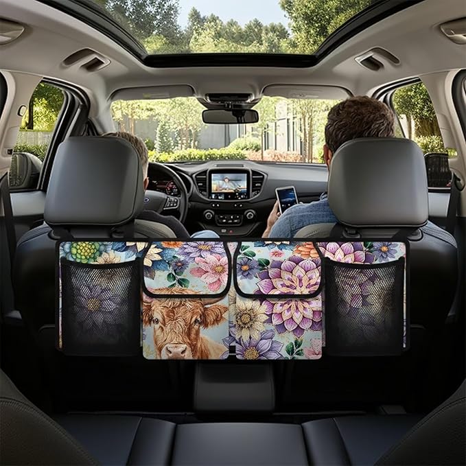 Highland Cow Car Trunk Organizer with Lid Boho Mandala Floral Blossom Large Capacity Backseat Hanging Organizer for Grocery Cargo