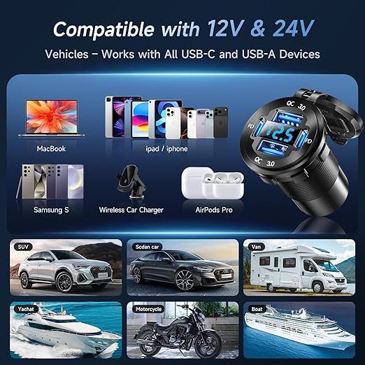 12V USB Charger with 4 Ports, Upgraded Aluminum Alloy Car Outlet with LED Voltmeter Display, for 12/24V Car Golf Cart Boat Marine Bus Truck RV Marine Motorcycle etc. (1PC)