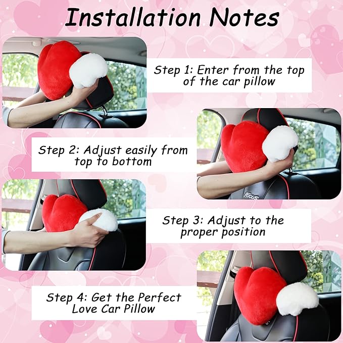 2 Pack Heart Shaped Cute Car Headrest Pillow with Angel Wings - Comfortable Soft Head Rest Cushion Kawaii Car Accessories Neck Pillow for Driving Travelling Office Home Decor - Rose Red Love Heart
