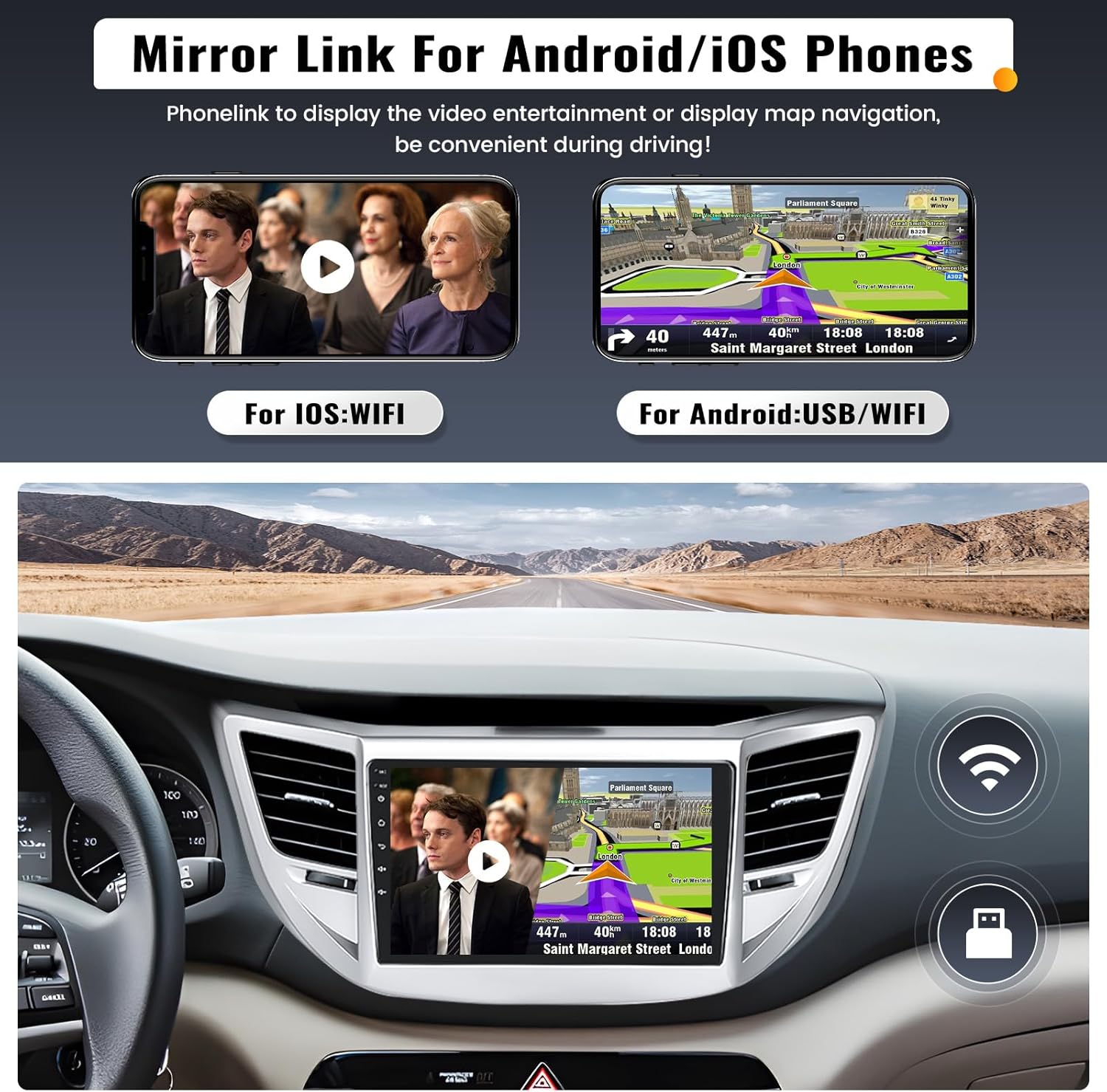 2G+32G 9 Inch Android Car Stereo for Hyundai Tucson 2015-2018 Radio Wireless Apple CarPlay Android Auto Bluetooth Touchscreen GPS Navigation Head Unit WiFi FM USB SWC Split Screen+AHD Backup Camera