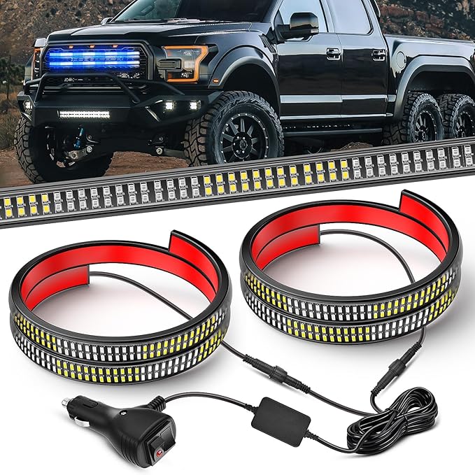 Nilight 2PCS 24 inch Truck Grille Strobe Lights Strip 384 LED Emergency Light Blue White Flexible Side Flashing Warning Caution Safety Waterproof Lighting Kit for Trucks Tow Plow Construction Vehicles