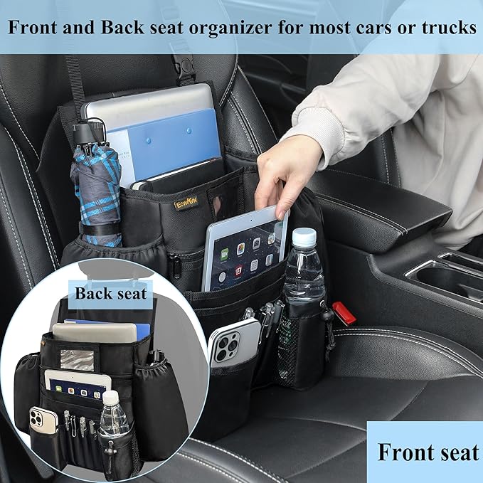 ECWKVN Car Front Seat Organizer - Car File Organizer, Passenger Seat Storage Bag Law Enforcement - Vehicle Storage with Dedicated Laptop Tablet Holder Cup Holder, Black
