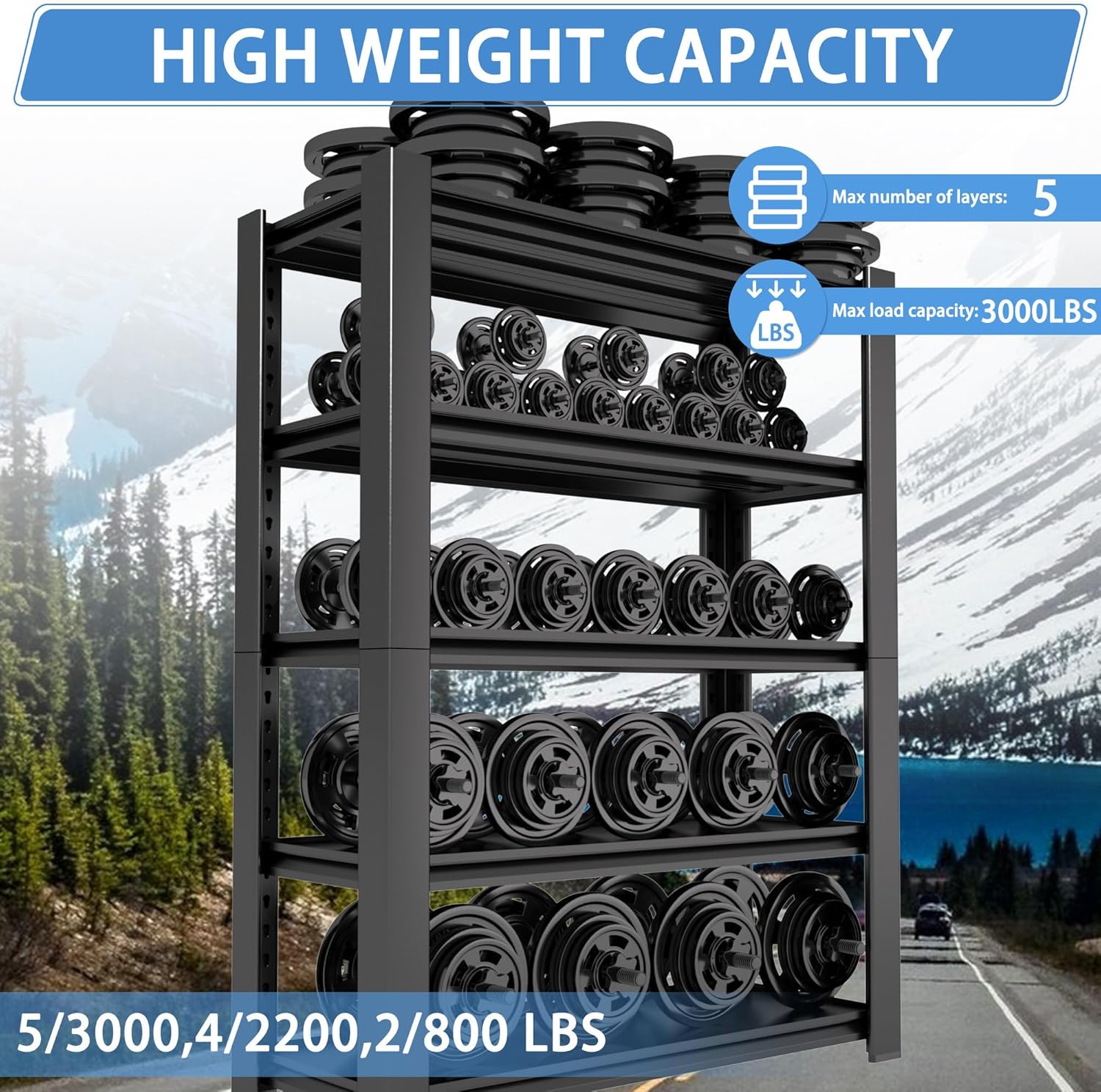 5-Tier Heavy Duty Garage Shelving Unit, 3000 LBS Capacity Metal Storage Rack 72" H x 48" W x 20" D, Adjustable Steel Shelves for Garage, Warehouse, Basement, Pantry, Workshop.2 Pack