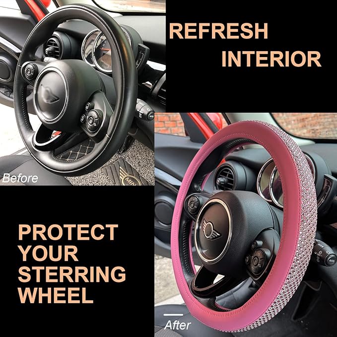 PINCTROT Bling Bling Comfy Steering Wheel Cover with Jumbo Crystal Rhinestones, Anti-Slip Diamond Leather, Universal 15 Inch (All Pink)