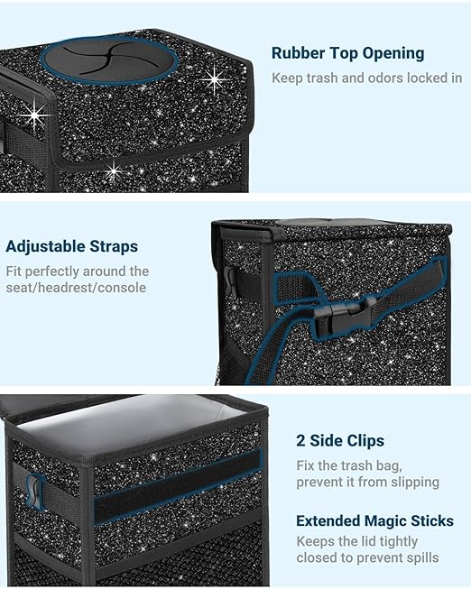 Capolo Car Trash Can with Lid, Leakproof Car Trash Bag Hanging Waterproof Automotive Garbage Can with Storage Pockets Mini Vehicle Trash Bin for Back/Front Seat(Sparkly Black,3 Gallon)