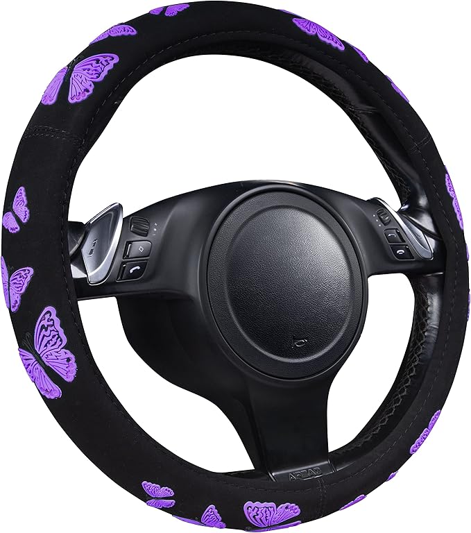 Car Pass Purple Butterfly Steering Wheel Covers, 14.5" to 15.5" Car Wheel Cover Universal Fit for Suvs, Small Trucks, Sedans, Cars for Cute Women Girly (Black and Purple)
