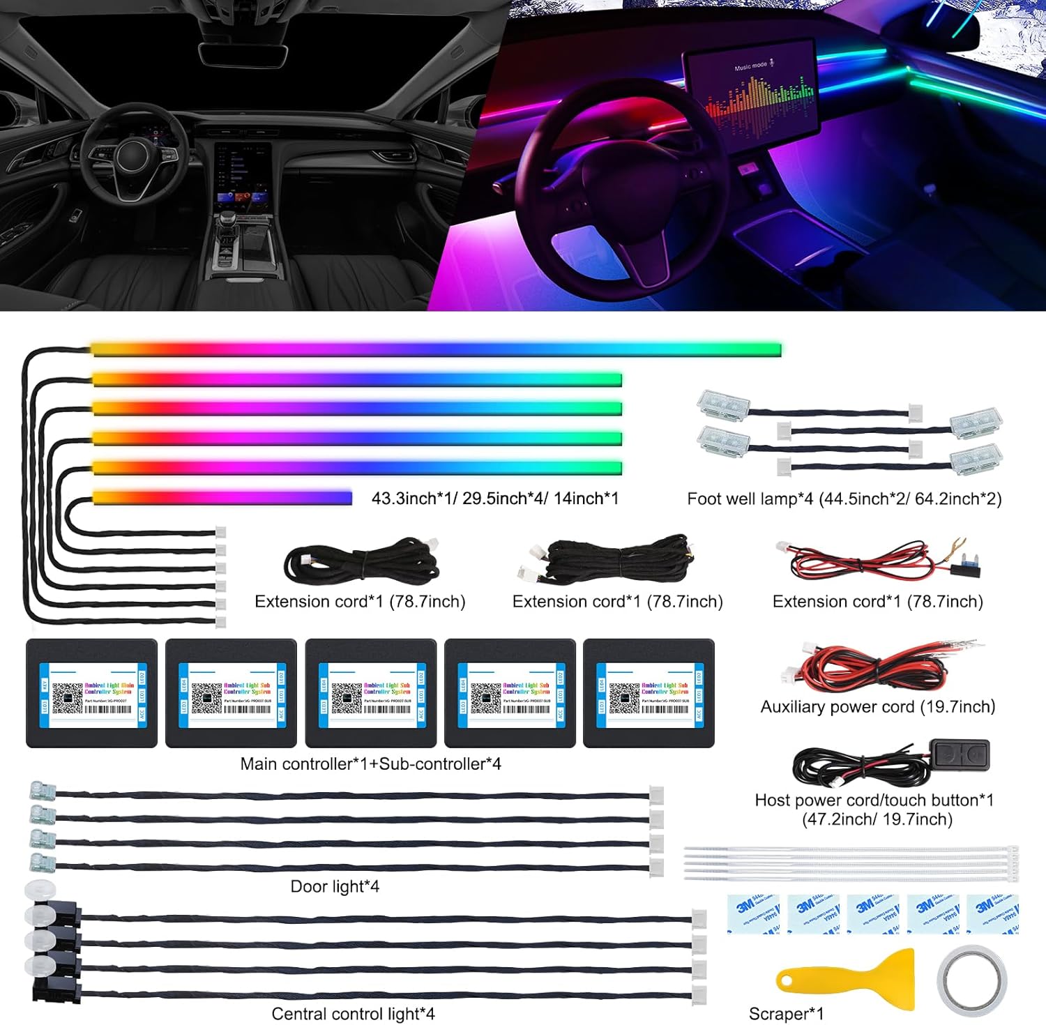 Dreamcolor Acrylic Interior Car LED Strip Light with Wireless APP, RGB 18 in 1 with 175 inches 600 LEDs Fiber Optic Car Ambient Lighting Kits, Dual Zone Sound Active Function LED Strip for Car