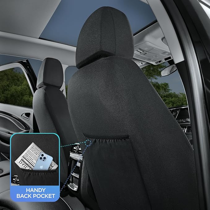 Road Comforts Car Seat Covers, Leather Front Seat Covers with Piping, Air-Cool Mesh Designed, Airbag Compatible Automotive Seat Covers for Most Car, Truck, Van, SUV - Black with Blue Piping