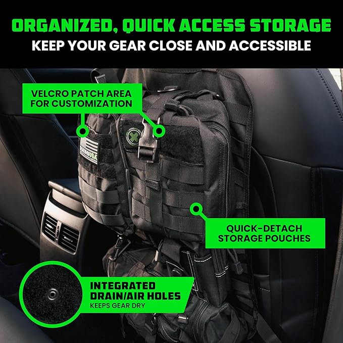 Tactical Car Seat Organizer – Military-Grade Storage for SUV, Truck, & Car – Heavy Duty Seat Organizer with Multiple Pockets & Car Accessories for Maximum Organization - Black