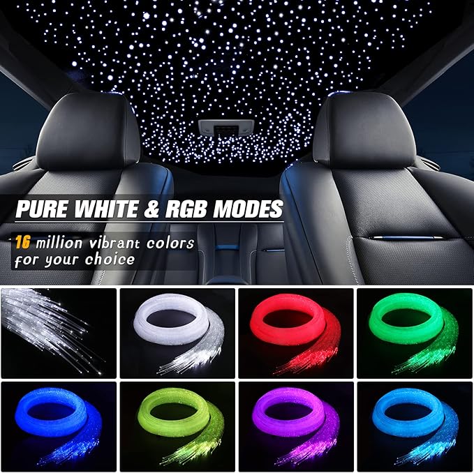 32W Twinkle Starlight Headliner Kit, 1000pcs of (0.03+0.04+0.06in)*13.1ft LED Fiber Optic Lights Kit, Star Ceiling Light+10 Crystals+Adapter+Car Use Plug for Car/Home with Music Mode