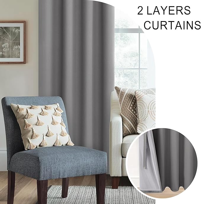 XWZO 100% Blackout Curtains 84 Inches Long with Tiebacks- Privacy Protection & Noise Blocking Window Draperies Grommet Top with Black Liner for Bedroom/Living Room, Grey, W42 x L84, Set of 2