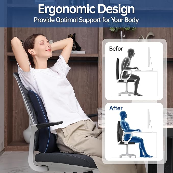 Lumbar Support Pillow for Office Chair, Back Support Pillow with Memory Foam, Relieves Back Pain, Removable Washable Cover & Adjustable Strap, for Car/Gaming Chair,Gift-Navy Blue